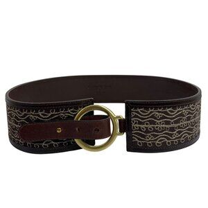 Coldwater Creek Wide Leather Embroidered Western Hip Belt Gold-Tone Ring Buckle